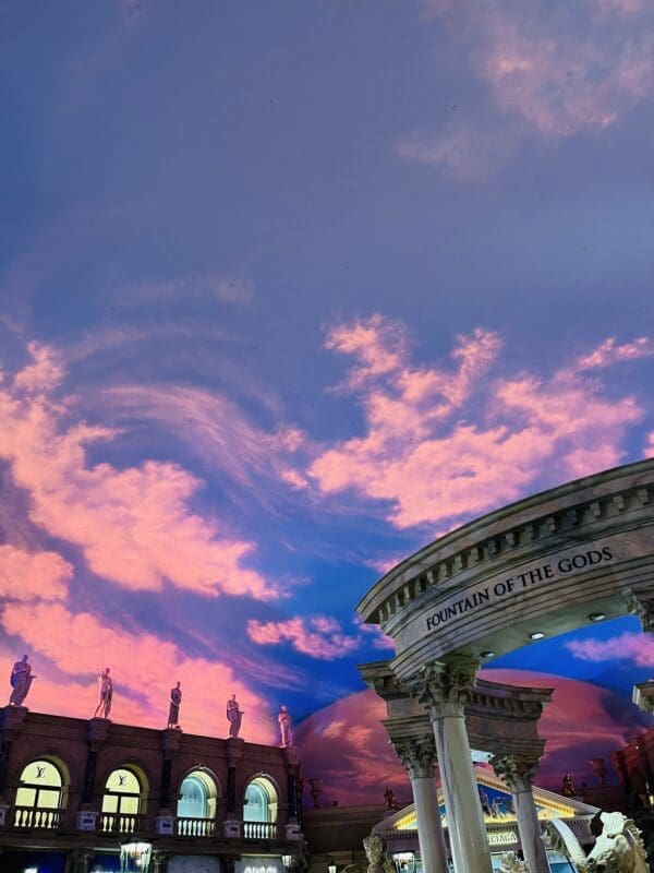fountain of the gods roman construction and painted sky ceiling in las vegas