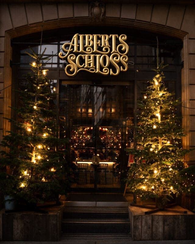 entrance for restaurant with christmas trees