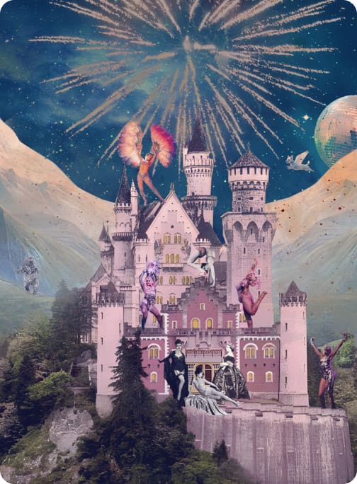 poster or castle and artists in costume around it